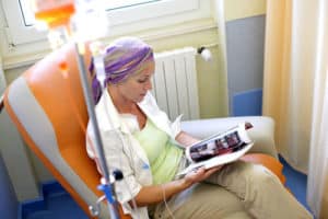 Woman undergoing chemotherapy.