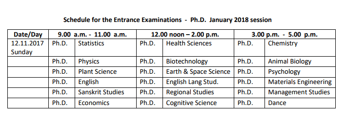 Schedule for the Entrance Examinations - Ph.D University of Hyderabad