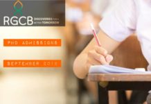 PhD Life Sciences Admissions September 2018 @ RGCB, Thiruvananthapuram