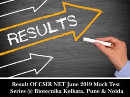 Result Of CSIR NET June 2019 Mock Test Series @ Biotecnika Kolkata, Pune & Noida