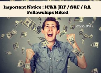 Important Notice : ICAR JRF / SRF / RA Fellowships Hiked ICAR JRF/SRF/RA Fellowships Hiked