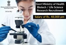 Govt Ministry of Health Biotech / Life Science Research Recruitment – Salary of Rs. 48,000 pm Govt Ministry of Health