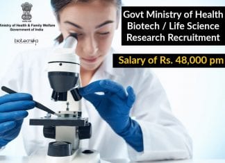 Govt Ministry of Health Biotech / Life Science Research Recruitment – Salary of Rs. 48,000 pm Govt Ministry of Health