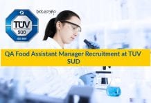 QA Food Assistant Manager Recruitment at TUV SUD QA Food Assistant Manager