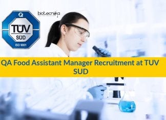 QA Food Assistant Manager Recruitment at TUV SUD QA Food Assistant Manager