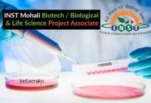 INST Mohali Biotech / Biological & Life Science Project Associate Job INST Biological Science Jobs