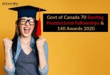 Govt of Canada 70 Banting Postdoctoral Fellowships & 140 Awards 2020 Banting Canada Fellowships 2020