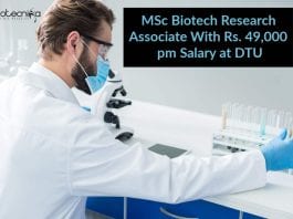 MSc Biotech Research Associate With Rs. 49,000 pm Salary at DTU Delhi Technological University Jobs