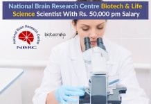National Brain Research Centre Biotech & Life Science Scientist With Rs. 50,000 pm Salary NBRC Biotech & Life