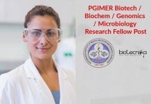 PGIMER Biotech / Biochem / Genomics / Microbiology Research Fellow Post PGIMER Latest JRF Jobs