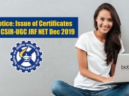 CSIR Notice: Issue of Certificates of Joint CSIR-UGC JRF NET Dec 2019 CSIR Notice Latest
