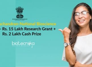 S. Ramachandran-National Bioscience Award – Rs. 15 Lakh Research Grant + Rs. 2 Lakh Cash Prize S. Ramachandran-National Bioscience Award