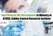 Govt Biotech SRF Recruitment at Ministry of AYUSH, Siddha Central Research Institute Government Biotech Jobs