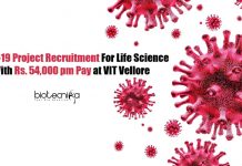 COVID-19 Project Recruitment For Life Science With Rs. 54,000 pm Pay at VIT Vellore PhD Life Science Jobs