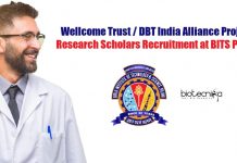 Wellcome Trust / DBT India Alliance Project Research Scholars Recruitment at BITS Pilani BITS Pilani Research Scholars