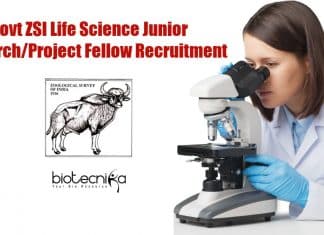 Govt ZSI Life Science Junior Research/Project Fellow Recruitment Life Science Govt JRF