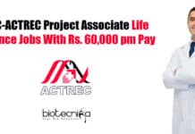TMC-ACTREC Project Associate Life Science Jobs With Rs. 60,000 pm Pay TMC-ACTREC Job PhD