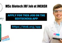 JNCASR MSc Biotechnology Research Fellow Recruitment, Applications Invited JNCASR Biotech JRF Job