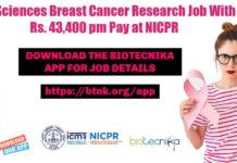 MSc Life Sciences Breast Cancer Research Job With Rs. 43,400 pm Pay at NICPR NICPR Cancer Research Fellow