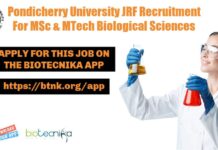 Pondicherry University JRF Recruitment For MSc & MTech Biological Sciences Pondicherry University JRF