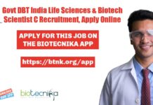 Govt DBT India Life Sciences & Biotech Scientist C Recruitment, Apply Online DBT India Scientist Jobs