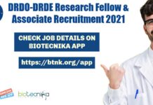 DRDO-DRDE Research Fellow & Associate Recruitment 2021 DRDO-DRDE Research Fellow