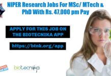 NIPER Research Jobs With Rs. 47,000 pm Pay, Applications Invited Online NIPER Research Jobs