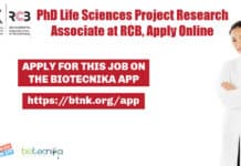 PhD Life Sciences Project Research Associate at RCB, Apply Online Project Research Associate Job
