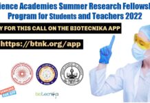 Science Academies Summer Research Fellowship Program for Students and Teachers 2022 SRFP 2022