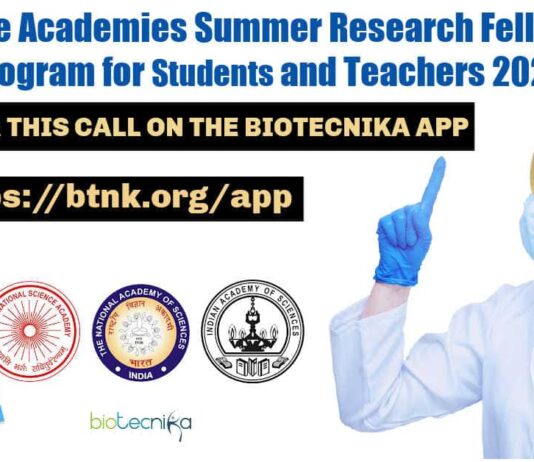 Science Academies Summer Research Fellowship Program for Students and Teachers 2022 SRFP 2022