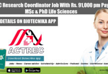 ACTREC Research Coordinator Job With Rs. 91,000 pm Pay For MSc & PhD Life Sciences ACTREC Research Coordinator Job