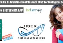 IISER TVM Ph. D. Advertisement Vasanth 2022 For Biological Sciences, Apply Online IISER TVM PhD 2022