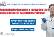 MNR Foundation For Research & Innovation Life Sciences Research Scientist Recruitment