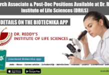 Research Associate & Post-Doc Positions Available at Dr. Reddy’s Institute of Life Sciences (DRILS) DRILS Research Associate