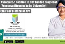 Project Associate-1 Position in DBT Funded Project at Yenepoya (Deemed to be University) Project Associate-1 Position Vacant