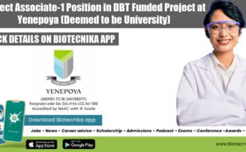 Project Associate-1 Position in DBT Funded Project at Yenepoya (Deemed to be University) Project Associate-1 Position Vacant
