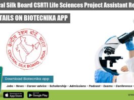 Govt Central Silk Board CSRTI Life Sciences Project Assistant Recruitment CSRTI Project Assistant Job