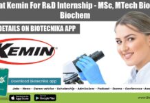 Apply at Kemin For R&D Internship – MSc, MTech Biotech & Biochem Apply at Kemin For R&D