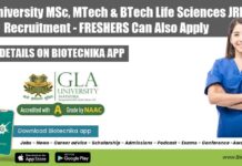 GLA University MSc, MTech & BTech Life Sciences JRF Recruitment – FRESHERS Can Also Apply GLA University Life Sciences JRF Recruitment