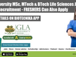 GLA University Life Sciences JRF Recruitment