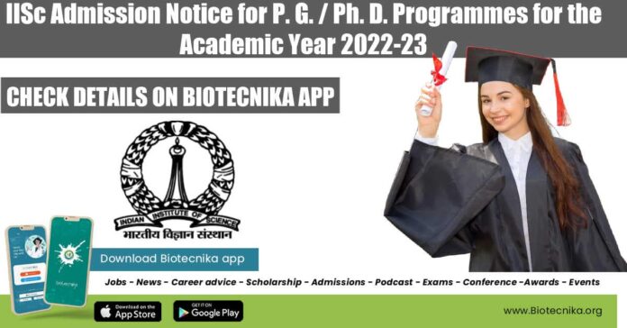 IISc Admission Notice 2022-23