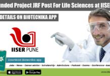 DBT Funded Project JRF Post For Life Sciences at IISER Pune IISER Pune JRF Vacancy