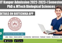IIT Kanpur Admission 2022-2023-I Semester, PhD & MTech Biological Sciences IIT Kanpur Admission 2022-2023-I