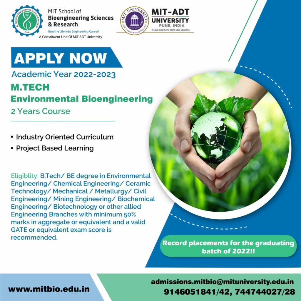 MITBIO MTech Environmental Bioengineering Admissions 2022-2023, Apply Online