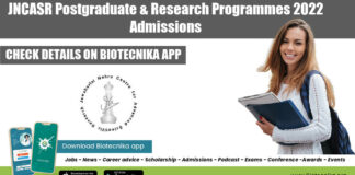 JNCASR Research Admissions 2022