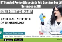 DBT Funded Project Associate Job Opening For Life Sciences at NII NII Project Vacancy Available