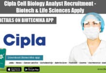 Cipla Cell Biology Analyst Recruitment – Biotech & Life Sciences Apply Cipla Cell Biology Analyst