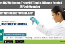 Govt ILS Wellcome Trust/DBT India Alliance Funded JRF Job Opening Government ILS Biotech Jobs