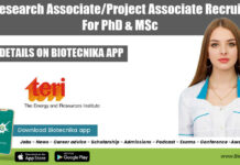 TERI Research Associate/Project Associate Recruitment For PhD & MSc TERI Research Associate Job