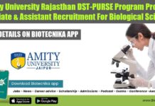 Amity University Rajasthan DST-PURSE Program Project Associate & Assistant Recruitment For Biological Sciences Amity University Rajasthan Jobs